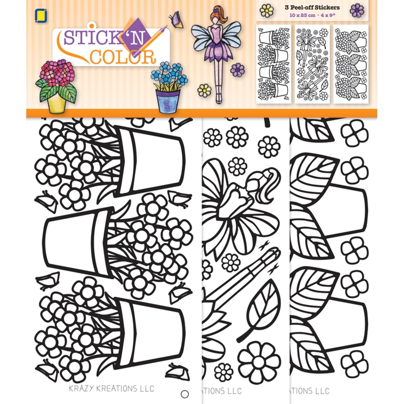 Flower Pots stick n colour 3 peel-off stickers